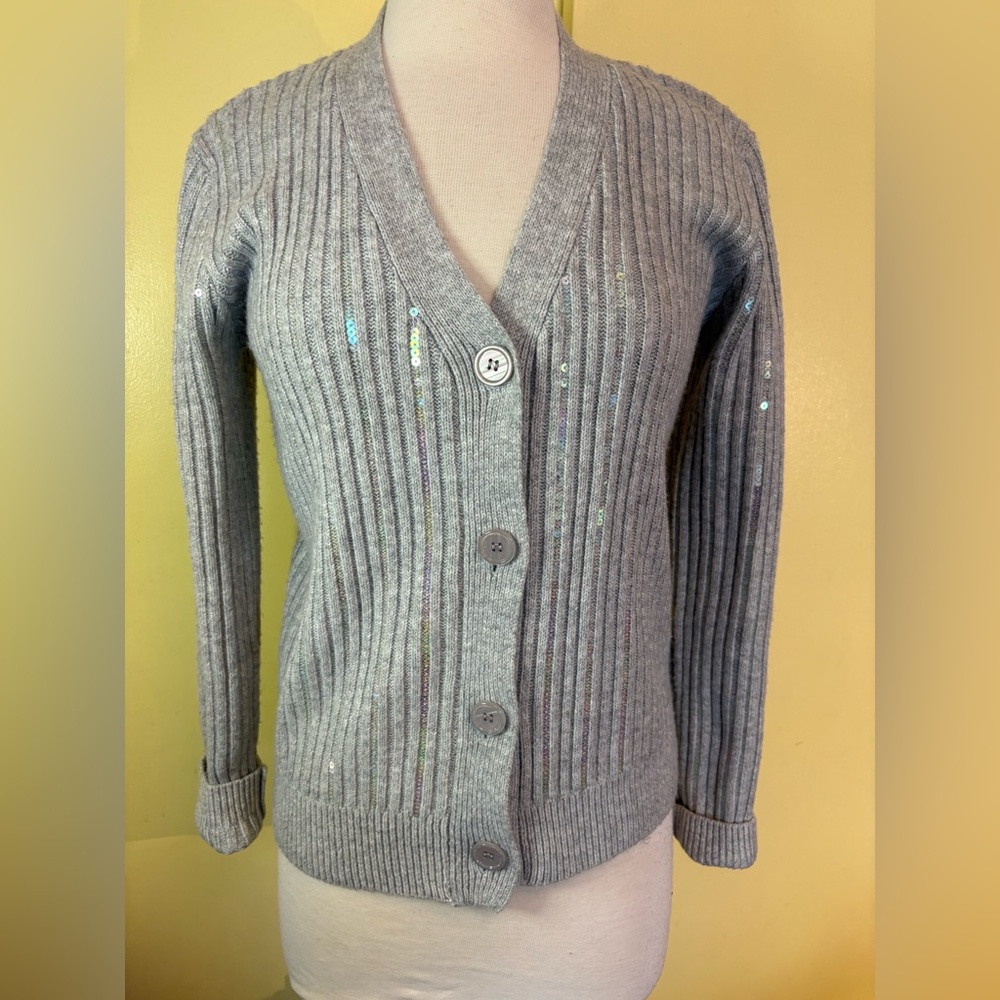 Endless Rose Silver Button-Up Cardigan. Iridescent sequins